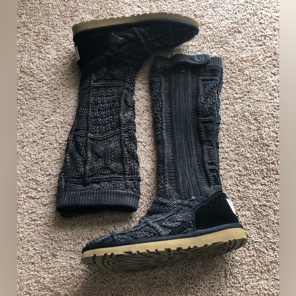 UGG Knit Boots Patchwork Tall Black Bleached Full Zip Sock Boot 1001020 Women 5 - Picture 1 of 13